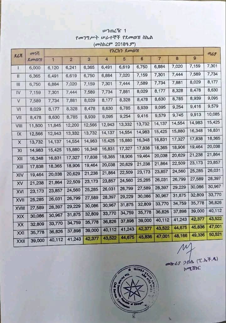 አዲሱ የመንግሥት ሰራተኞች የደመወዝ እርከን ይፋ ሆነ